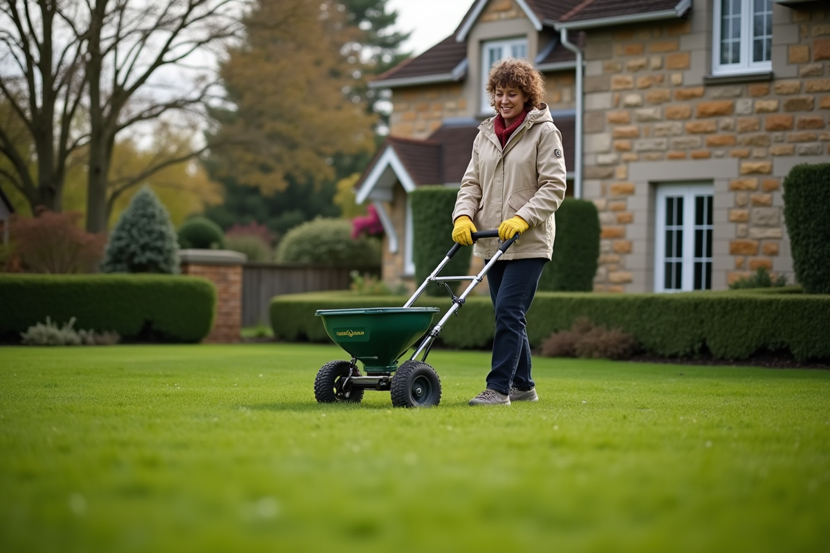 Jeune femme semant des graines dans la pelouse