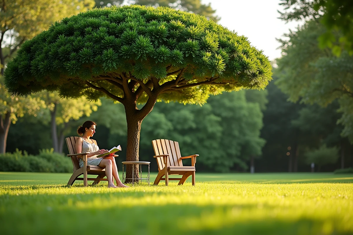 Femme lisant sous un mûrier taillé en parasol dans un jardin estival ombragé