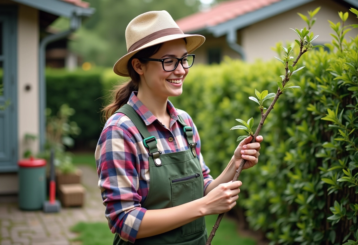 Jeune femme vérifiant ses branches taillées dans le jardin
