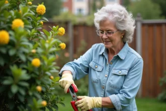 Femme taillant un mimosa dans un jardin bien entretenu