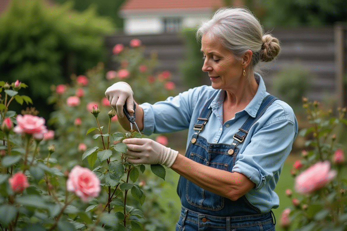 Femme taillant des roses dans un jardin fleuri