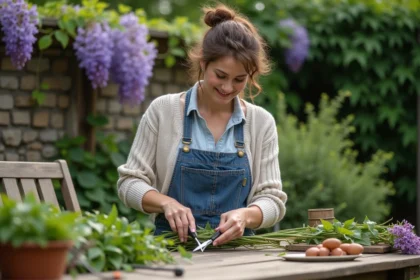 Femme taillant des branches de wisteria dans le jardin