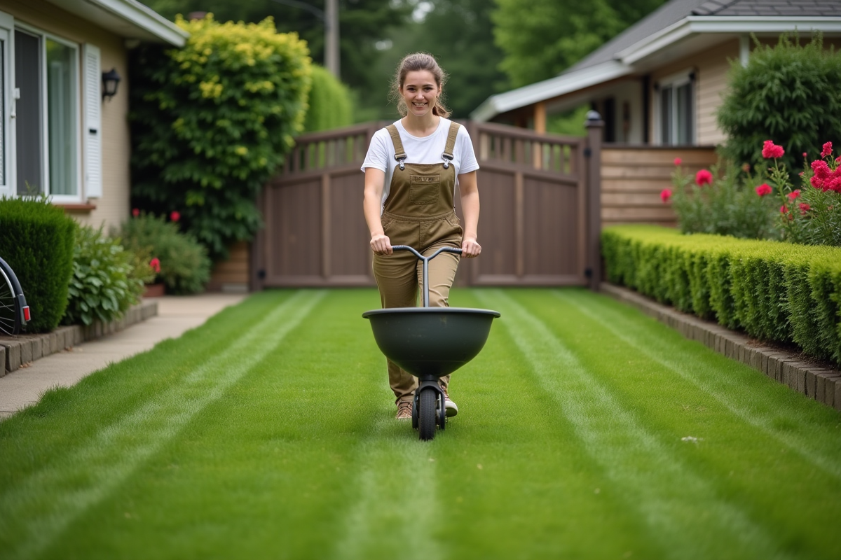 Jeune femme utilisant une tondeuse à la pelouse dans le jardin