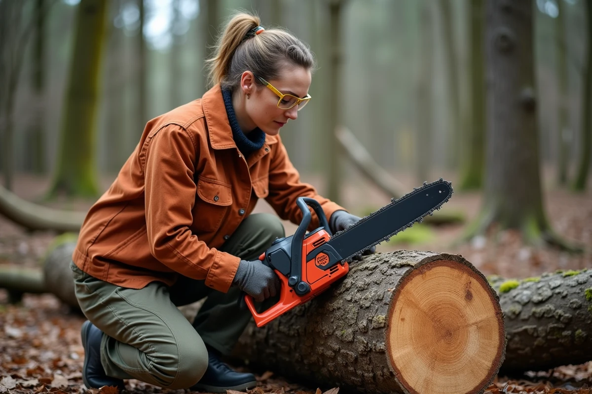 Femme utilisant une tronçonneuse électrique lubrifiée avec de l'huile de chaîne pour couper une bûche dans un jardin boisé