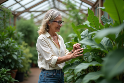 Femme examinant une plante rare dans un jardin botanique