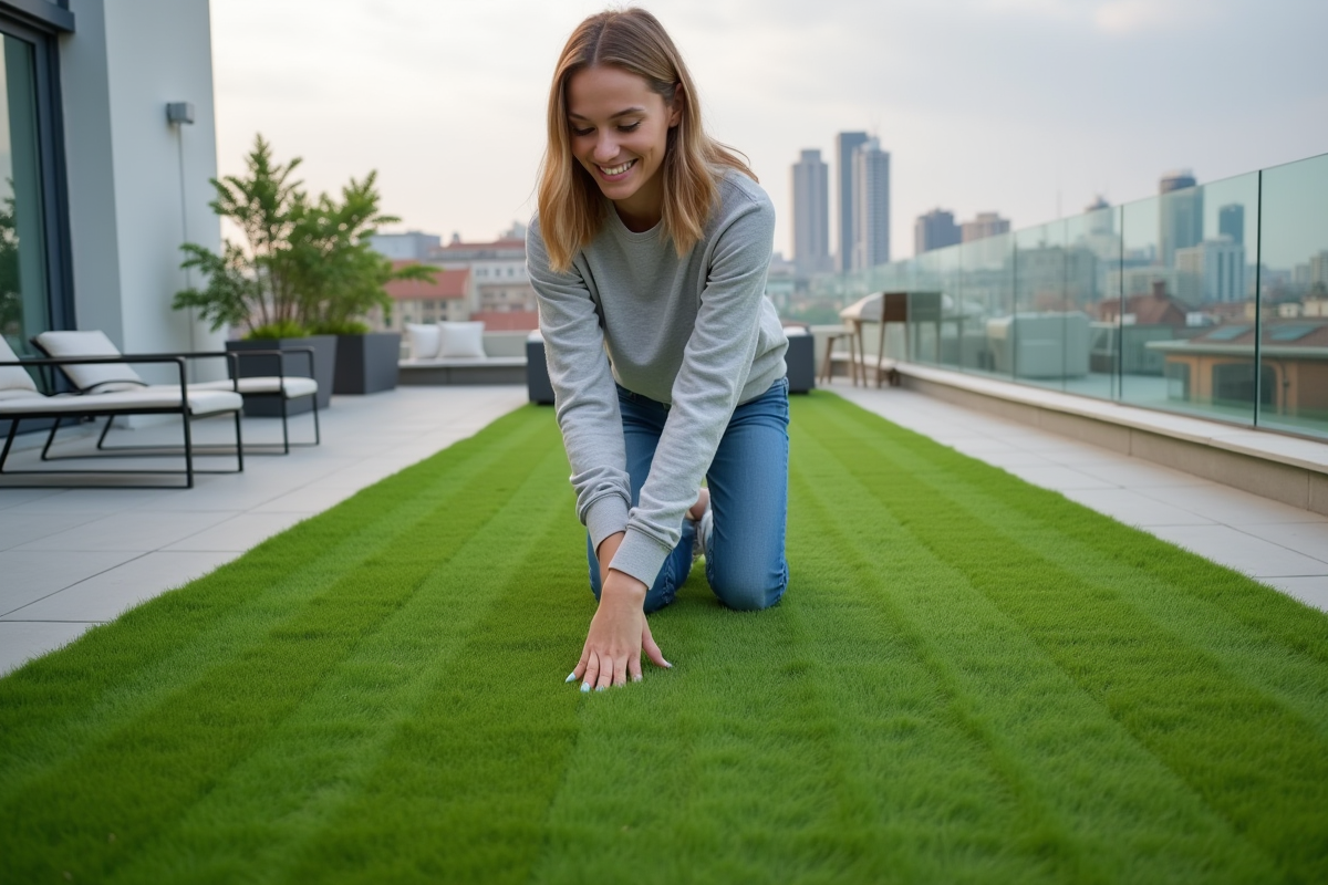 Jeune femme souriante vérifiant le gazon artificiel sur un toit
