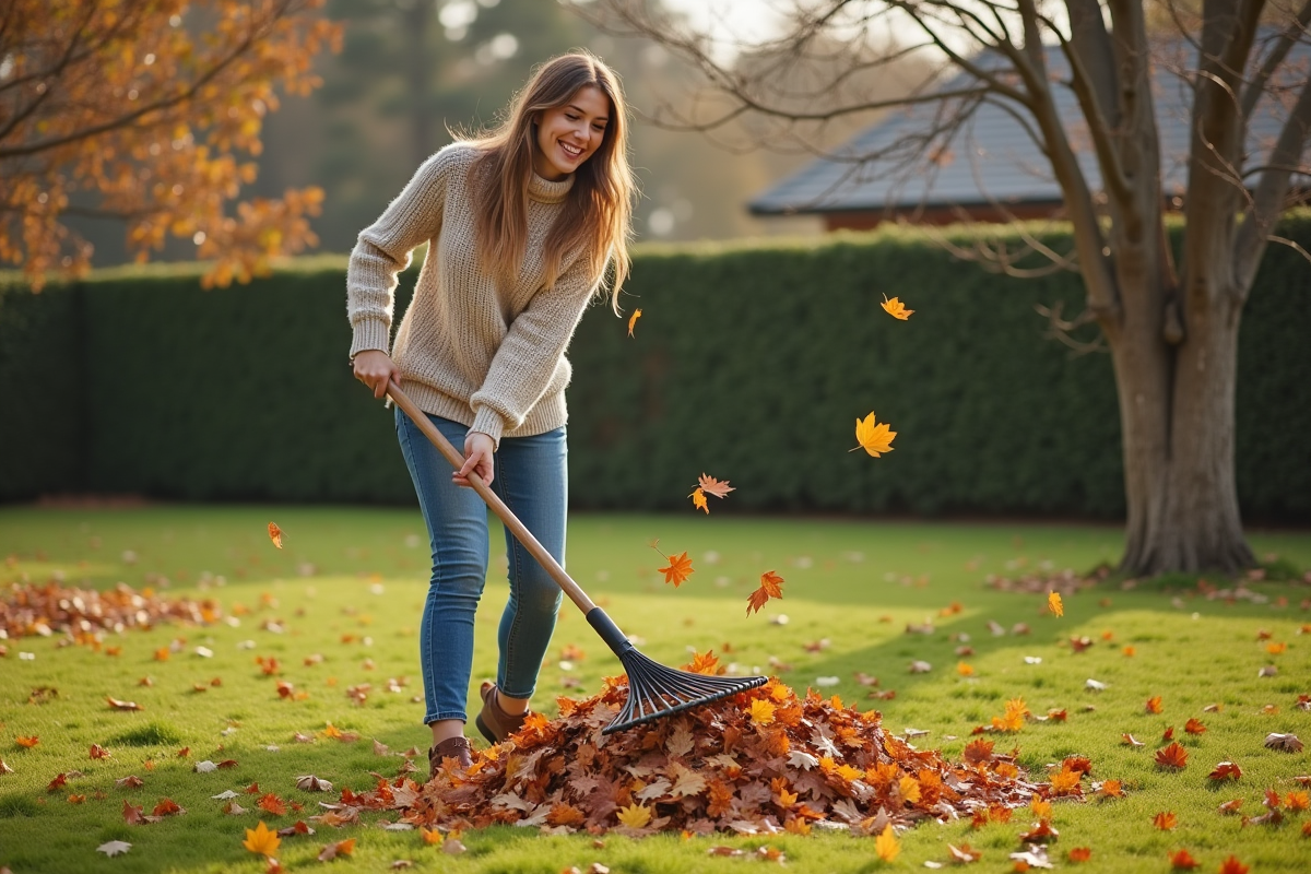 Femme souriante ramassant des feuilles dans le jardin automnal