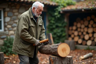 Homme fendant une bûche d'albizia avec un merlin dans un jardin rural en automne