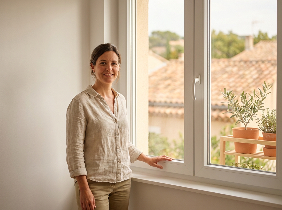 Femme admirant depuis son appartement rénové la vue sur les toits de Nîmes après l'installation d'une fenêtre PVC isolante
