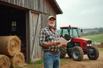Fermeur avec documents devant la grange en campagne