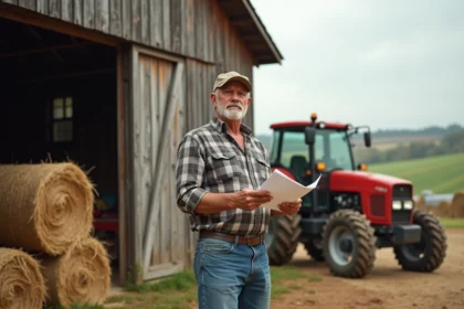 Fermeur avec documents devant la grange en campagne
