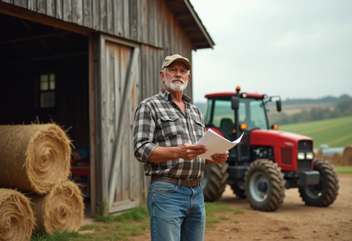 Fermeur avec documents devant la grange en campagne