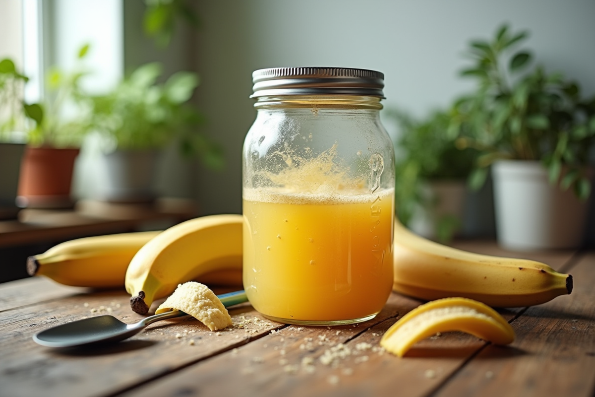 Bocal de fertilisant liquide de banane maison avec peaux de banane sur une table en bois