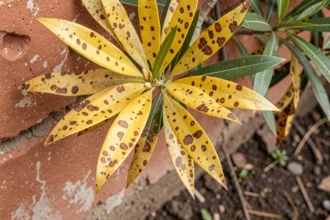 Feuilles jaunes et taches marron sur un laurier rose malade dans un jardin méditerranéen