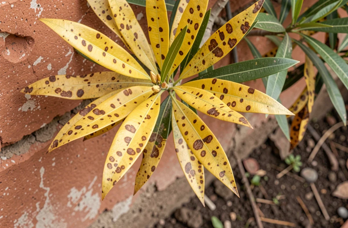 Feuilles jaunes et taches marron sur un laurier rose malade dans un jardin méditerranéen