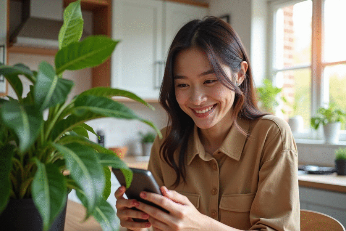 Jeune femme souriante utilisant un smartphone pour scanner une plante d'intérieur