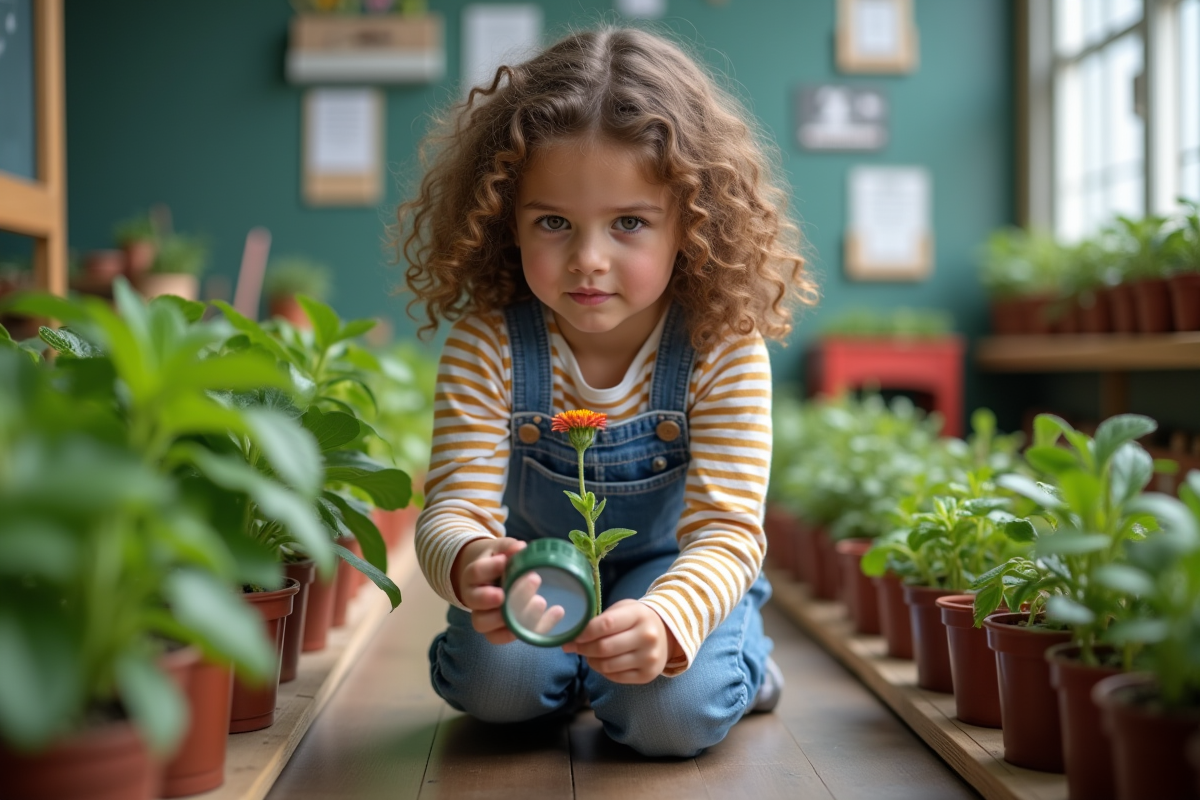 Fille en serre scolaire observant une fleur avec une loupe