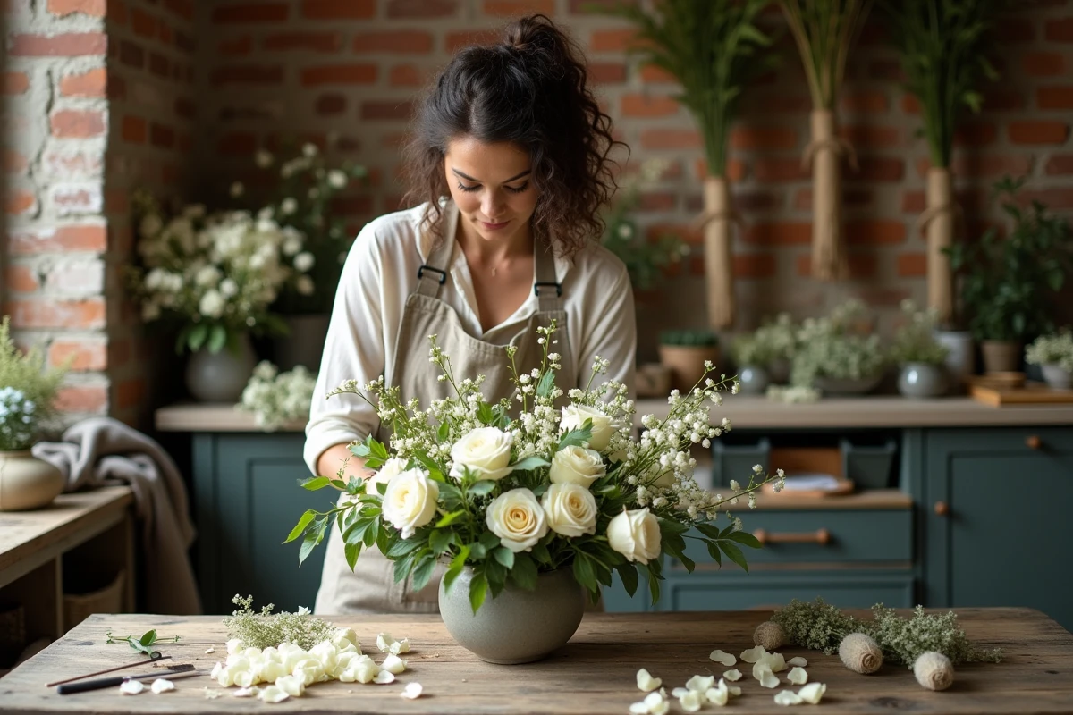 Fleuriste arrangeant un centre de table floral avec des roses blanches et muguet pour un mariage dans un atelier de fleurs artisanal