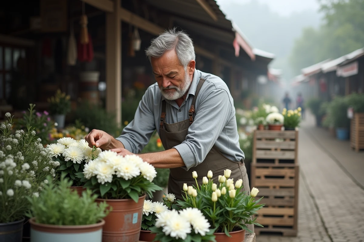 Fleuriste arrangeant des fleurs blanches au marché en plein air illustrant la diversité des fleurs blanches et leur signification