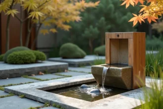 Fontaine en bambou contemporaine installée dans un jardin zen minimaliste avec bassin en granit et gravier blanc râtelé