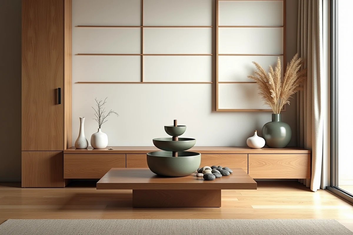 Fontaine en bambou décorative sur un meuble en noyer dans un intérieur Japandi avec écran shoji et céramiques