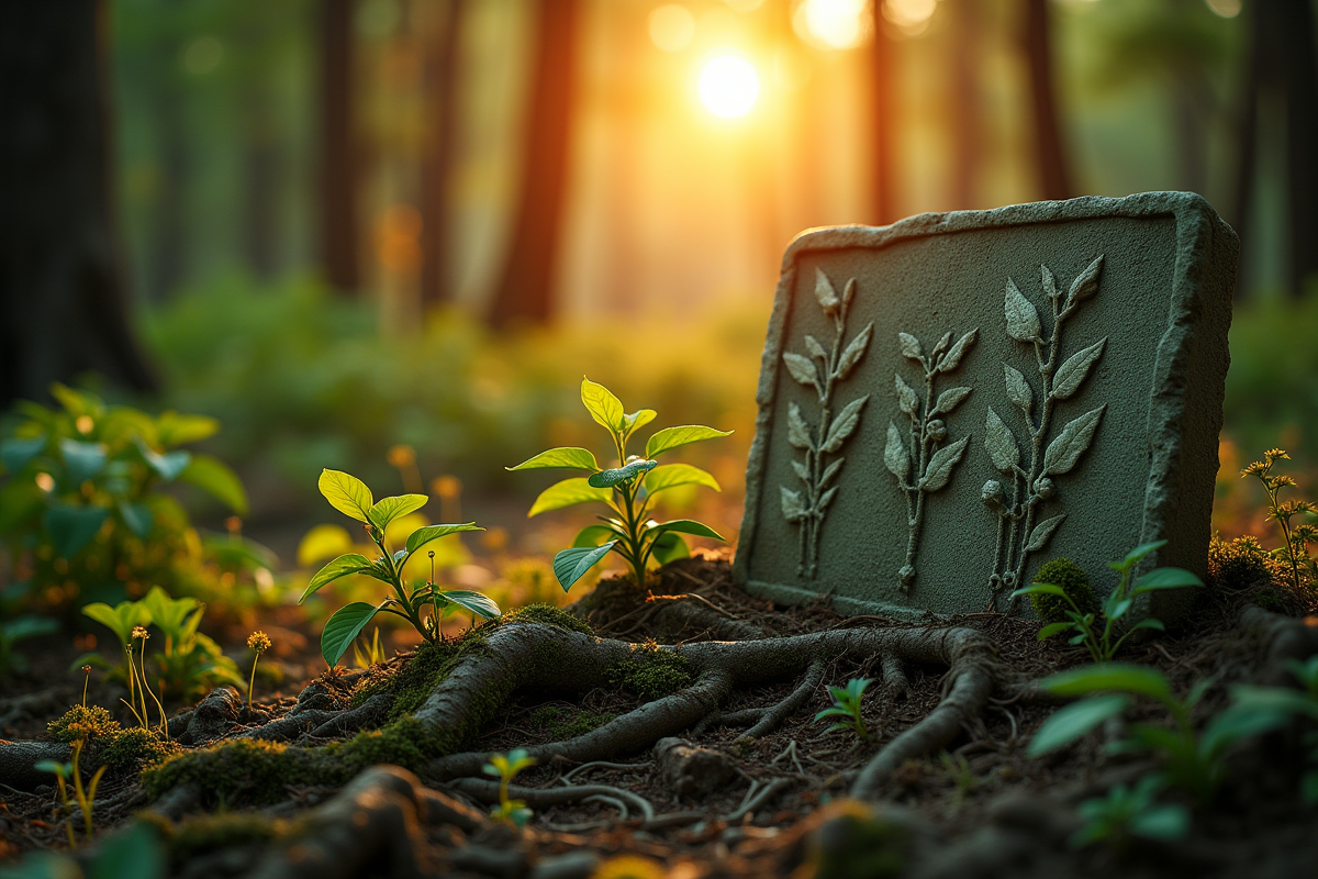 Forêt ancienne au lever du soleil avec racines entrelacées de plantes
