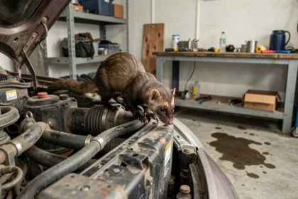 Fouine perchée sur le bord d'un capot de voiture ouvert dans un garage, regardant les câbles du moteur