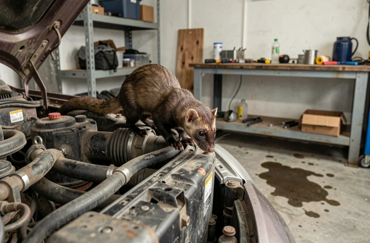 Fouine perchée sur le bord d'un capot de voiture ouvert dans un garage, regardant les câbles du moteur