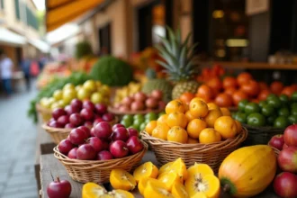 Assortiment de fruits en J exposés sur une table de marché provençal en bois avec paniers en osier