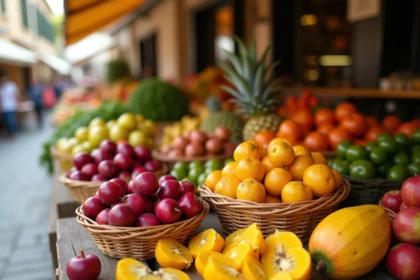 Assortiment de fruits en J exposés sur une table de marché provençal en bois avec paniers en osier
