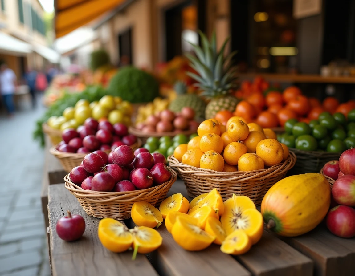 Assortiment de fruits en J exposés sur une table de marché provençal en bois avec paniers en osier