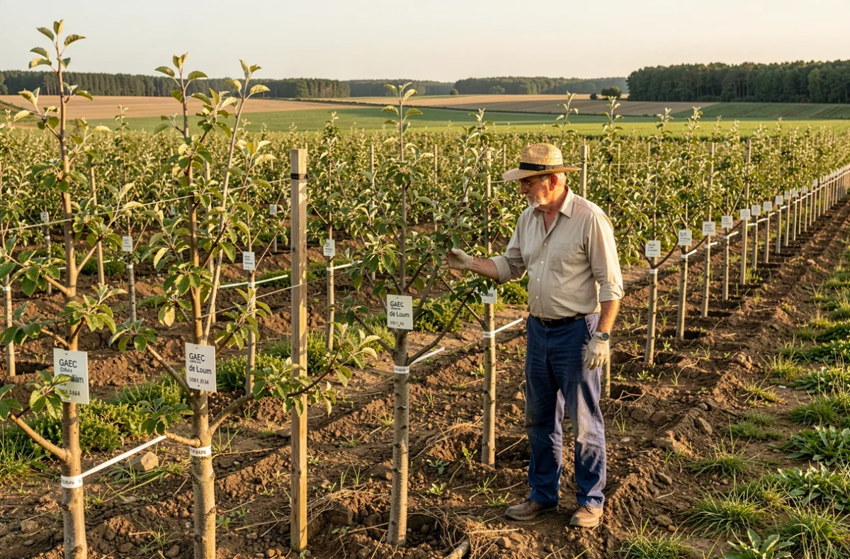GAEC de Loum à Sainte-Eulalie, agriculteur inspectant des rangées d'arbres fruitiers greffés en plein champ dans la campagne girondine