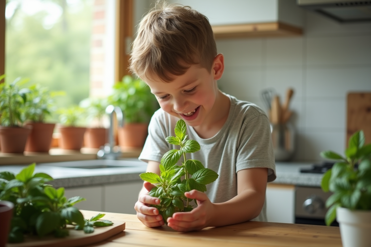 Garçon sentant la menthe fraîche dans la cuisine ensoleillée