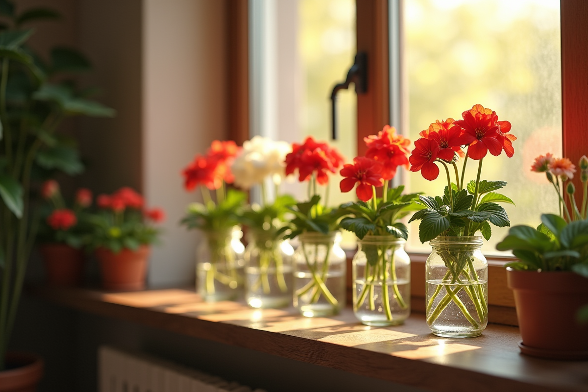 Petits geraniums dans des vases en bois en lumière naturelle