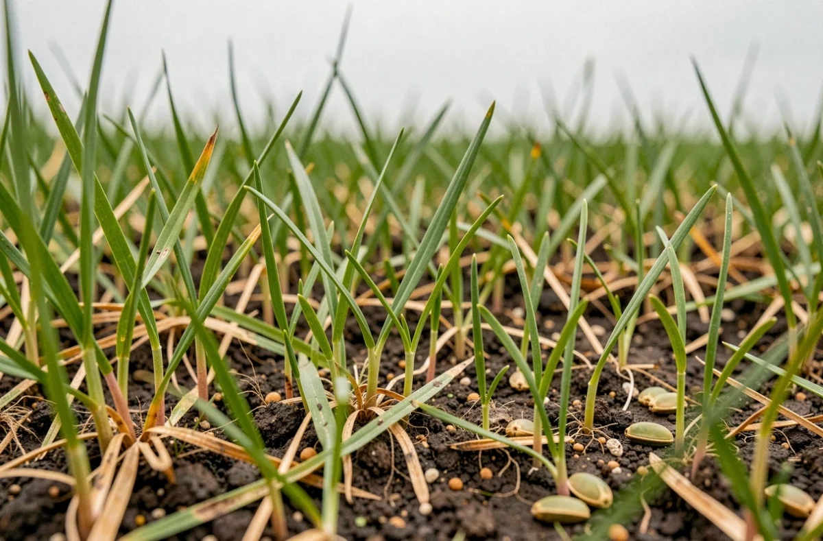 Gros plan sur des semences de ray-grass anglais en germination dans une prairie permanente lors d'un sursemis printanier