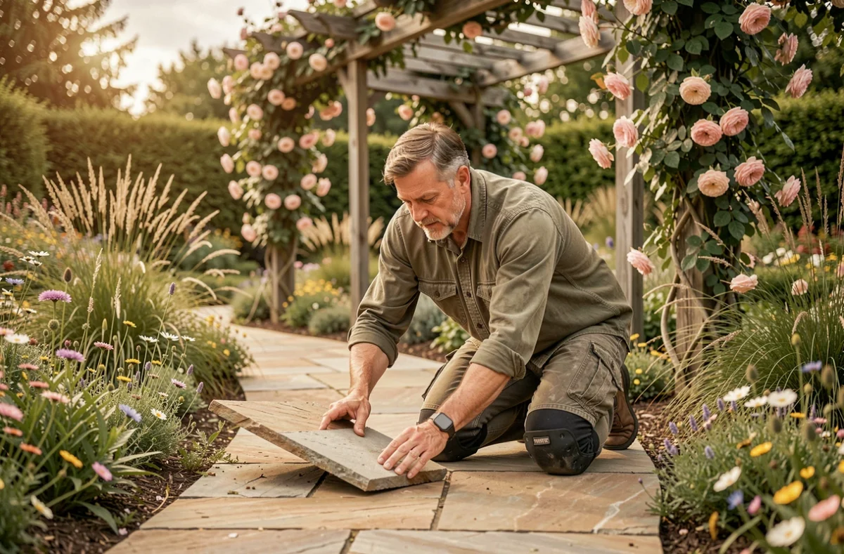 Un professionnel de Ginestet Paysage pose des dalles en pierre naturelle le long d'un chemin de jardin sinueux entouré de fleurs sauvages et d'une pergola en bois