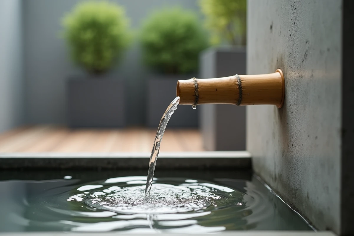 Gros plan sur un bec verseur en bambou artisanal avec filet d'eau sur une terrasse contemporaine en béton brut