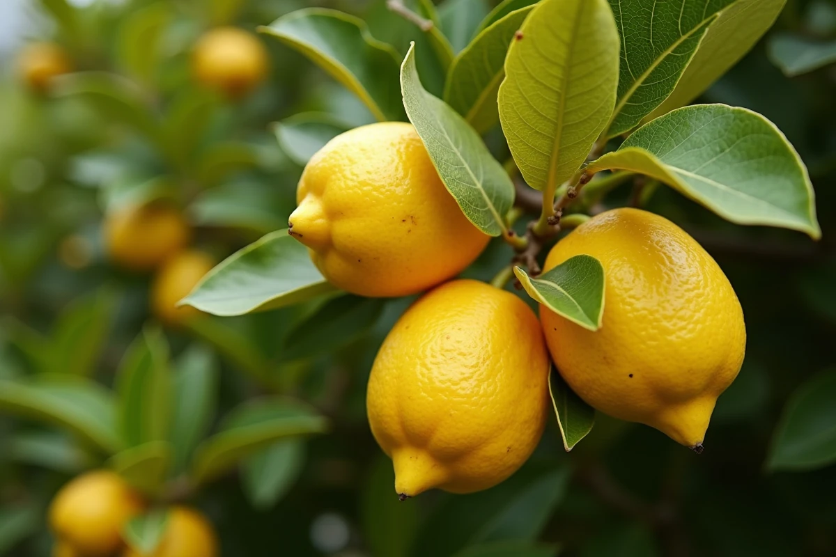 Gros plan sur des feuilles de citronnier jaunissantes avec taches et bords bruns