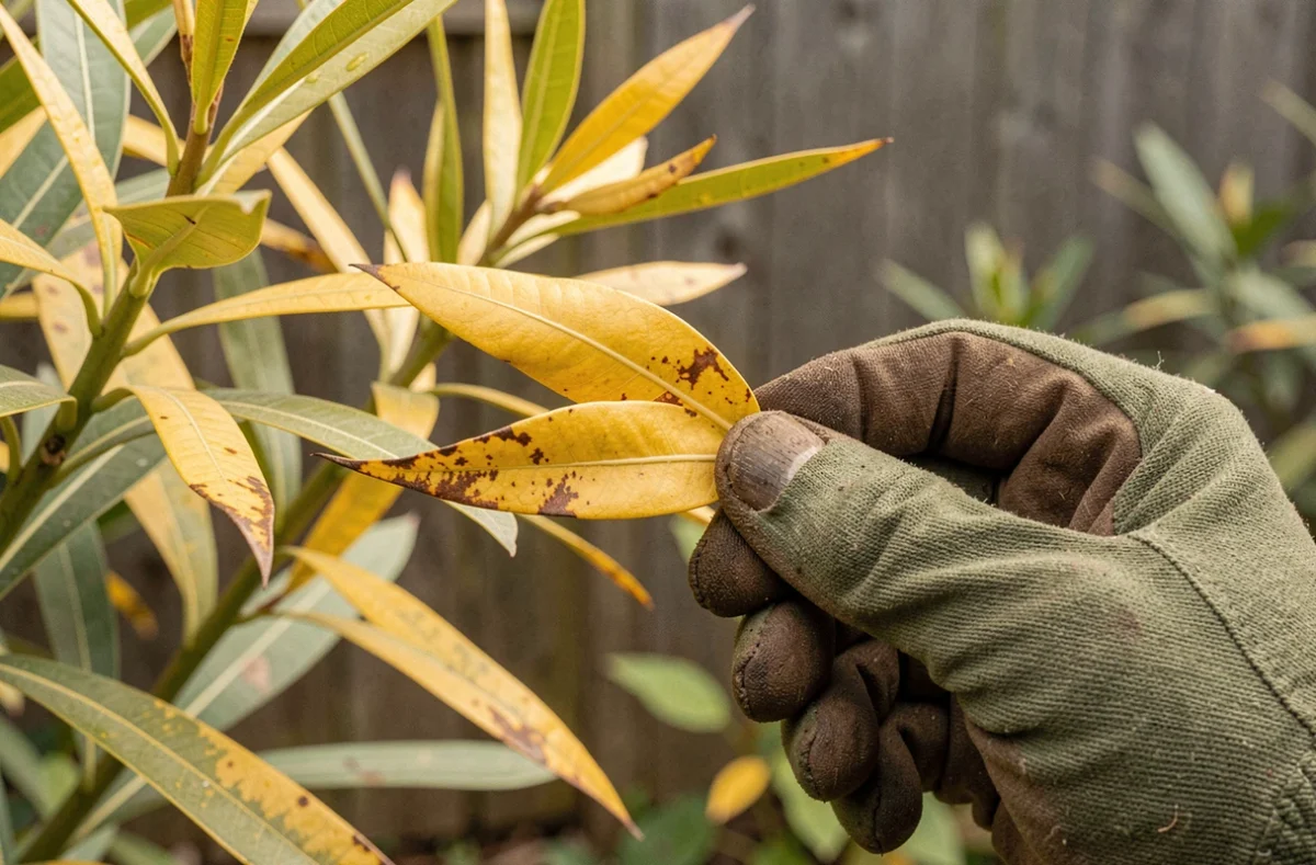 Gros plan sur feuilles jaunes de laurier rose tenues par une main gantée, inspection des symptômes de jaunissement sur une branche