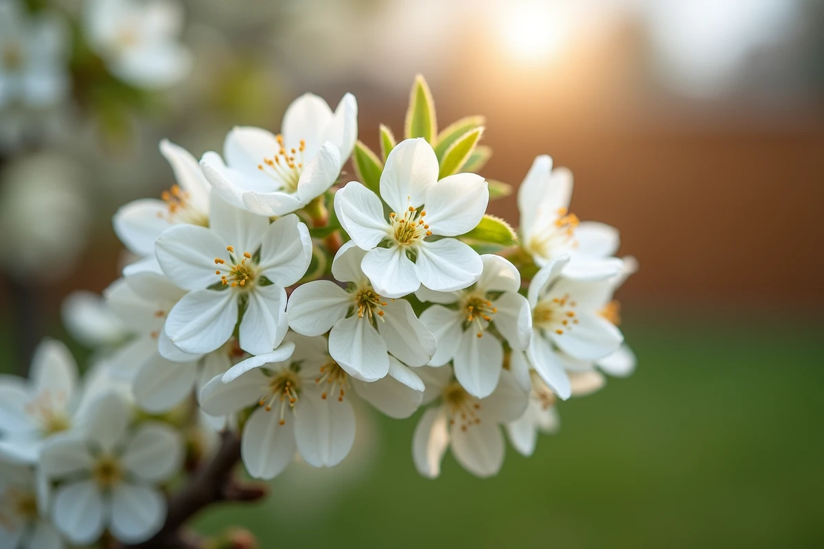Gros plan sur les fleurs blanches d'un arbuste printanier avec gouttes de rosée dans un jardin champêtre