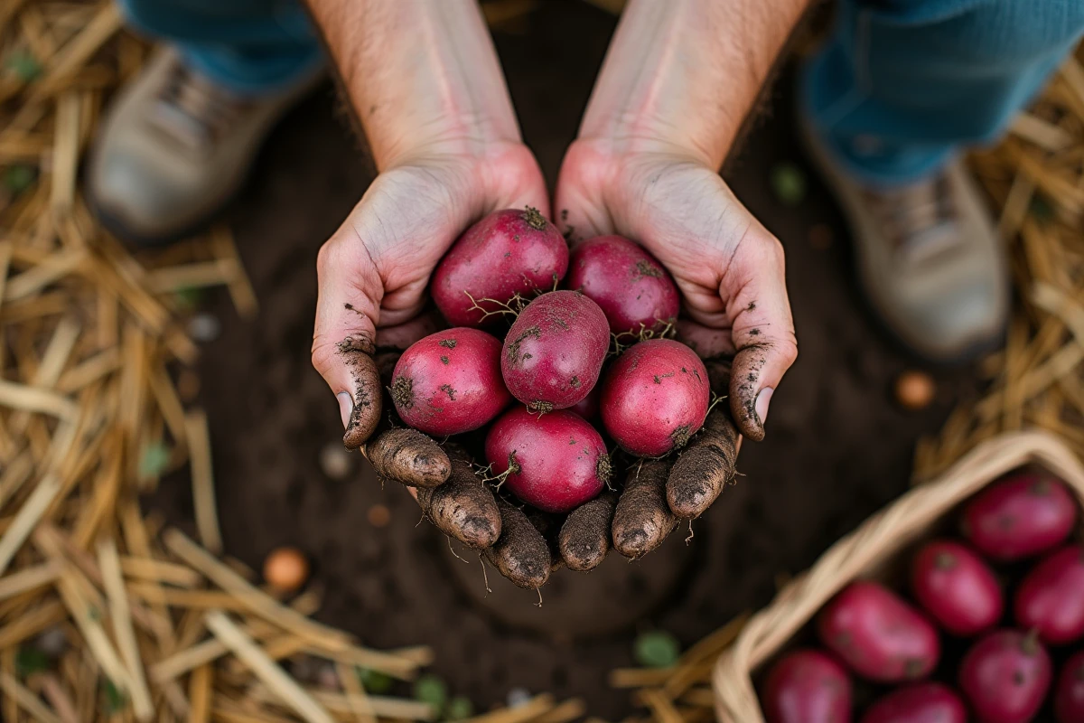 Gros plan de mains récoltant des pommes de terre à peau rouge directement sous un paillis de paille sans outil de bêchage