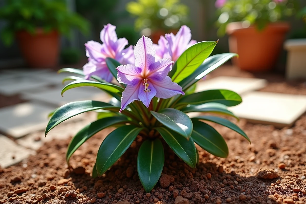 Gros plan sur un rhododendron en pleine terre avec feuilles luisantes et paillis organique dans un jardin au climat chaud et sec