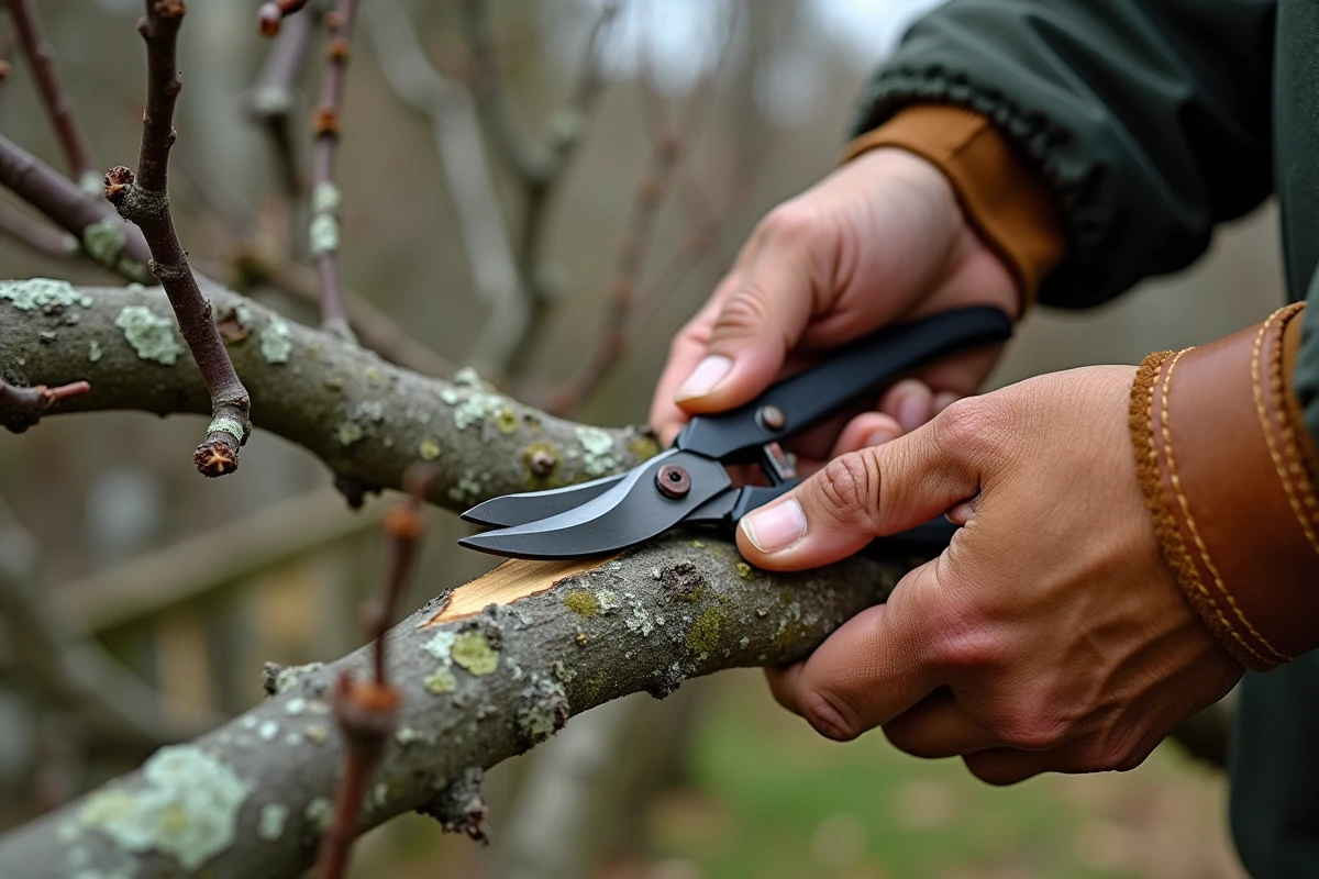 Gros plan sur des sécateurs effectuant une coupe précise sur une branche de vieux prunier avec lichen et écorce rugueuse