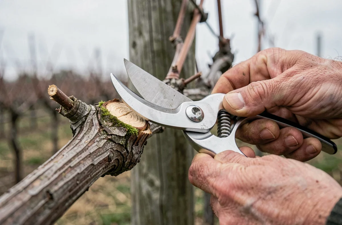 Gros plan sur des mains expertes utilisant un sécateur pour tailler un sarment de vigne avec un bourgeon visible au-dessus de la coupe