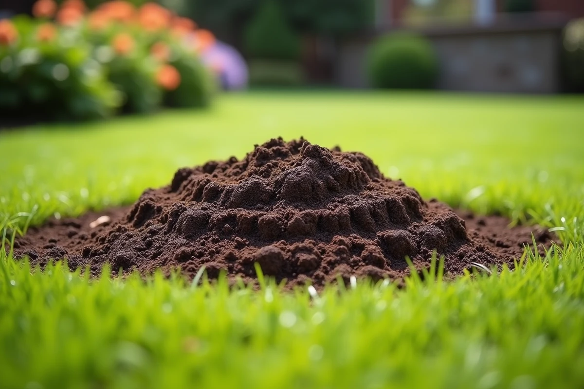 Gros plan d'une taupinière fraîche avec galeries visibles dans un jardin bien entretenu