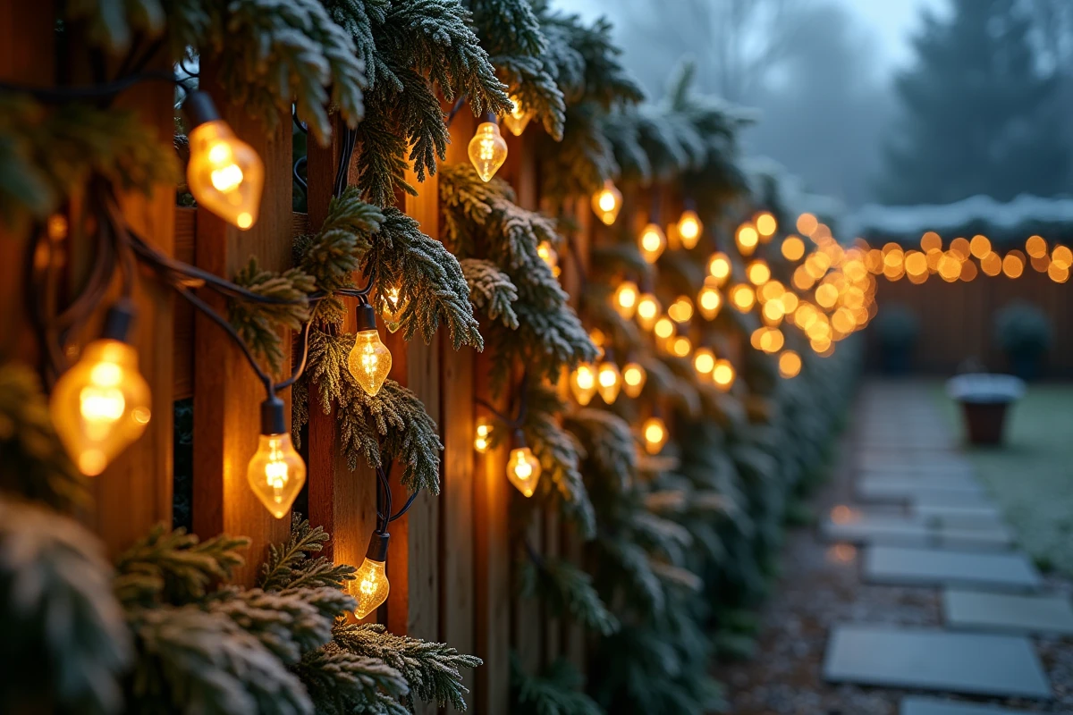Détail de guirlandes lumineuses de Noël surchargées et mal installées sur une clôture en bois avec ampoules manquantes et câbles emmêlés dans le jardin
