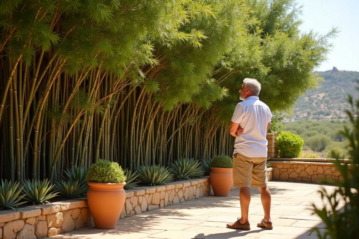 Haie de bambou non traçant établie sur une terrasse en climat sec dans un jardin du sud de la France