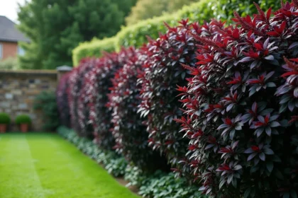 Haie de Pittosporum kohuhu aux feuilles pourpre-noir brillantes dans un jardin résidentiel avec mur en pierre