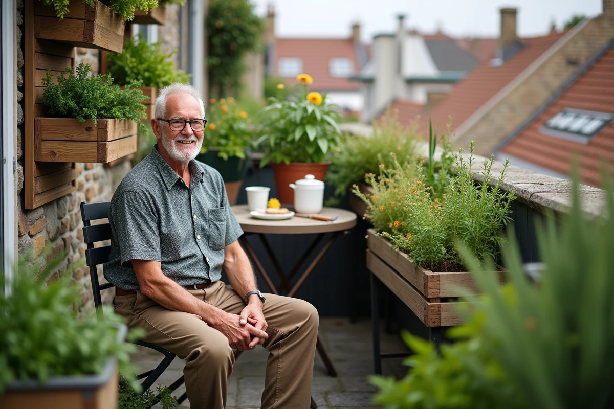 Homme âgé dans son petit jardin de terrasse