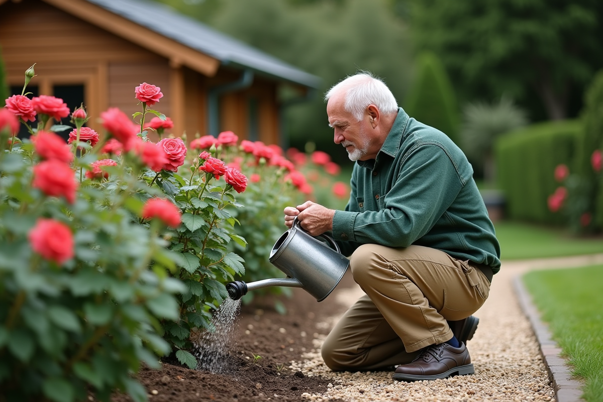Homme âgé arrosant les rosiers dans le jardin
